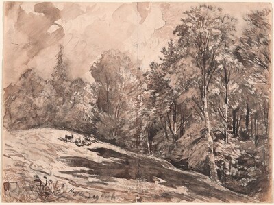 A Meadow with a Shepherd and Goats at the Edge of a Forest