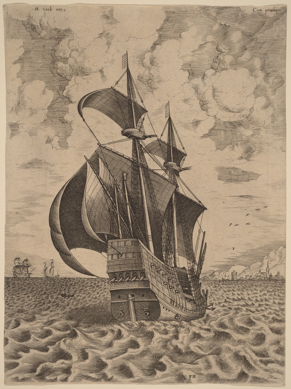 Armed Four-Master Sailing towards a Port by Frans Huys after Pieter Bruegel the Elder