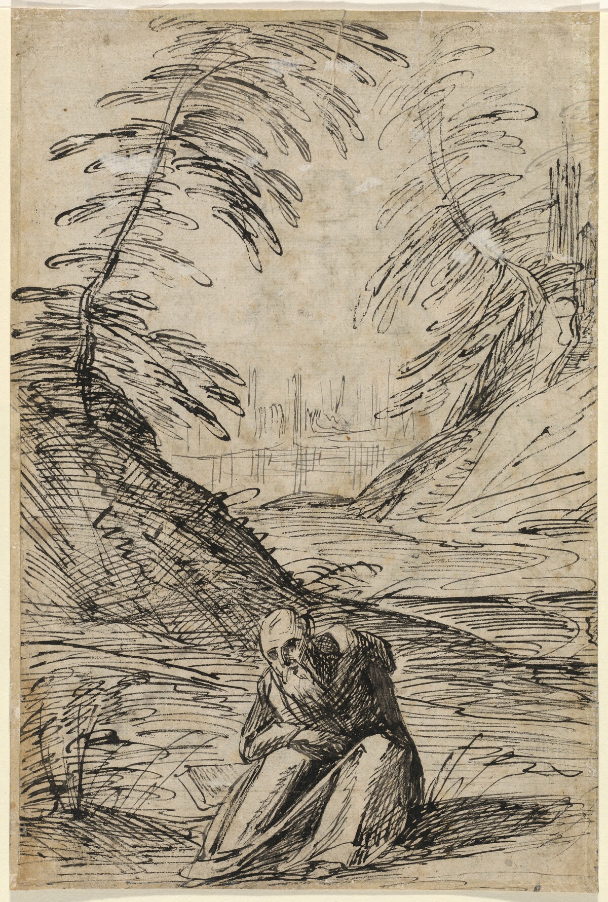 Desert Landscape with a Hermit (verso) by Hermann Weyer
