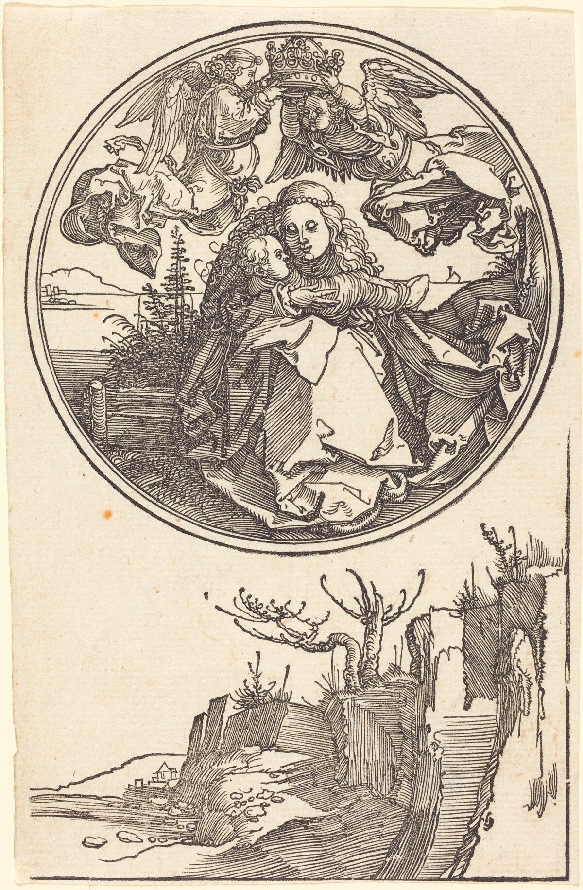 The Virgin Crowned by Two Angels above a Landscape by Albrecht Dürer