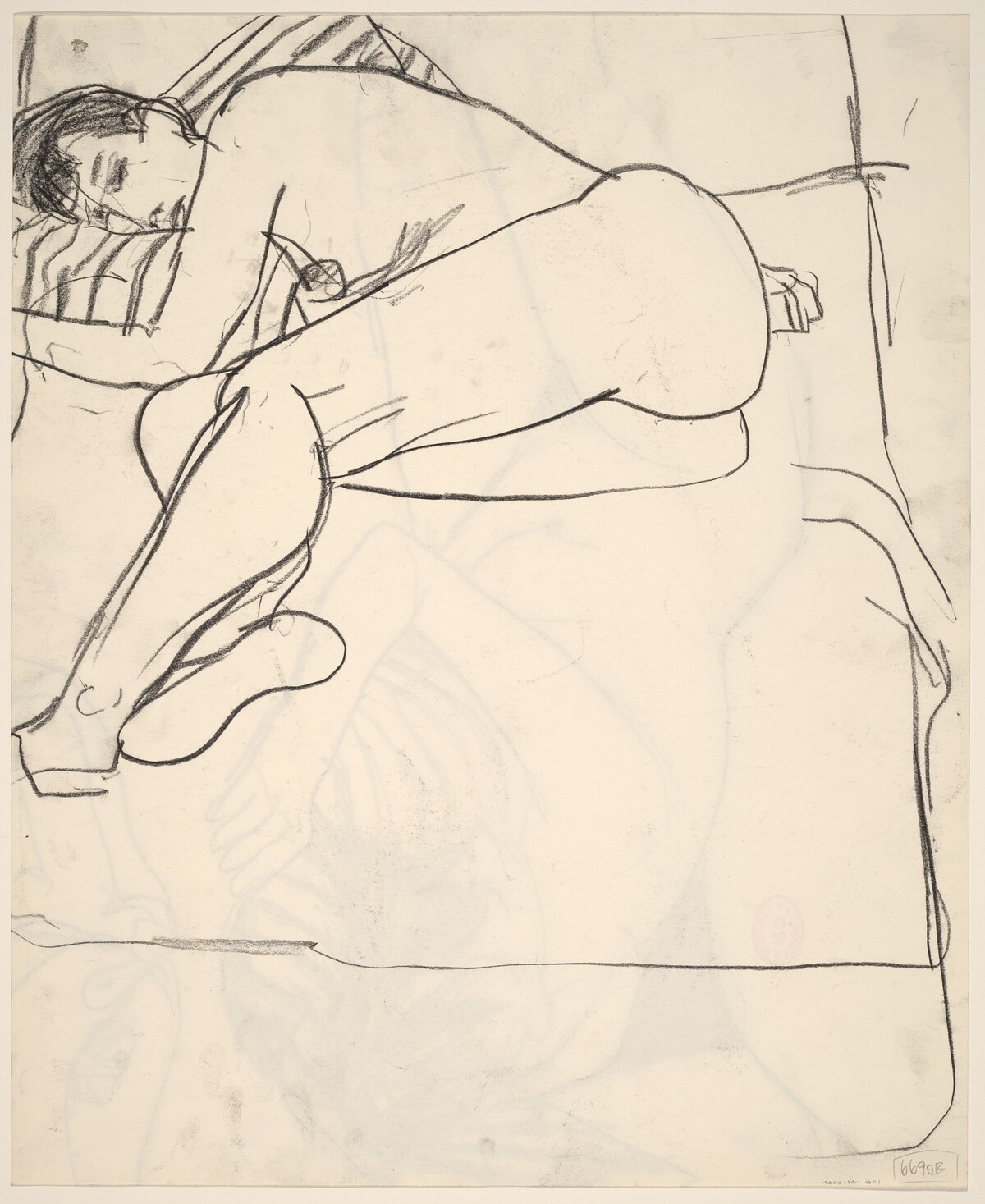 Untitled [female nude resting on a bed with a striped pillow] [verso] by Richard Diebenkorn