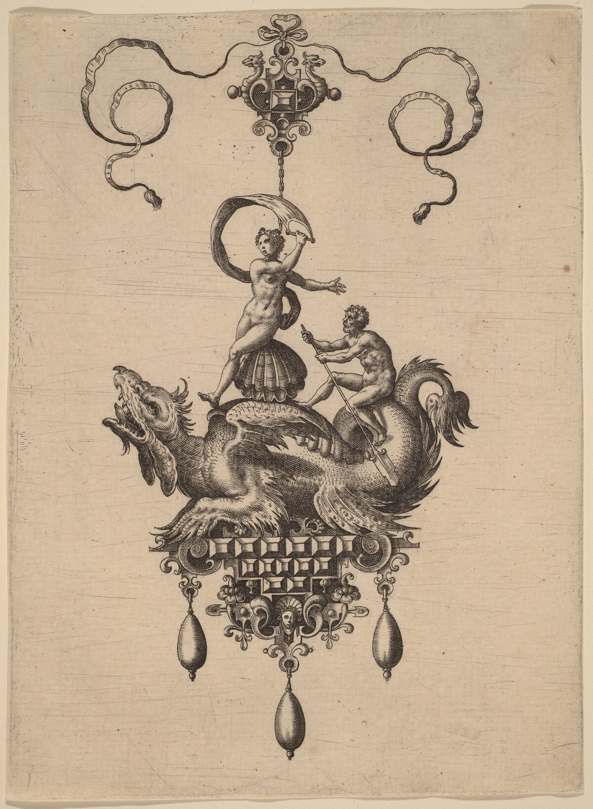 Design for a Pendant with a Winged Sea-Monster Carrying Venus Anadyomene on a Shell and a Man with an Oar by Hans Collaert the Elder