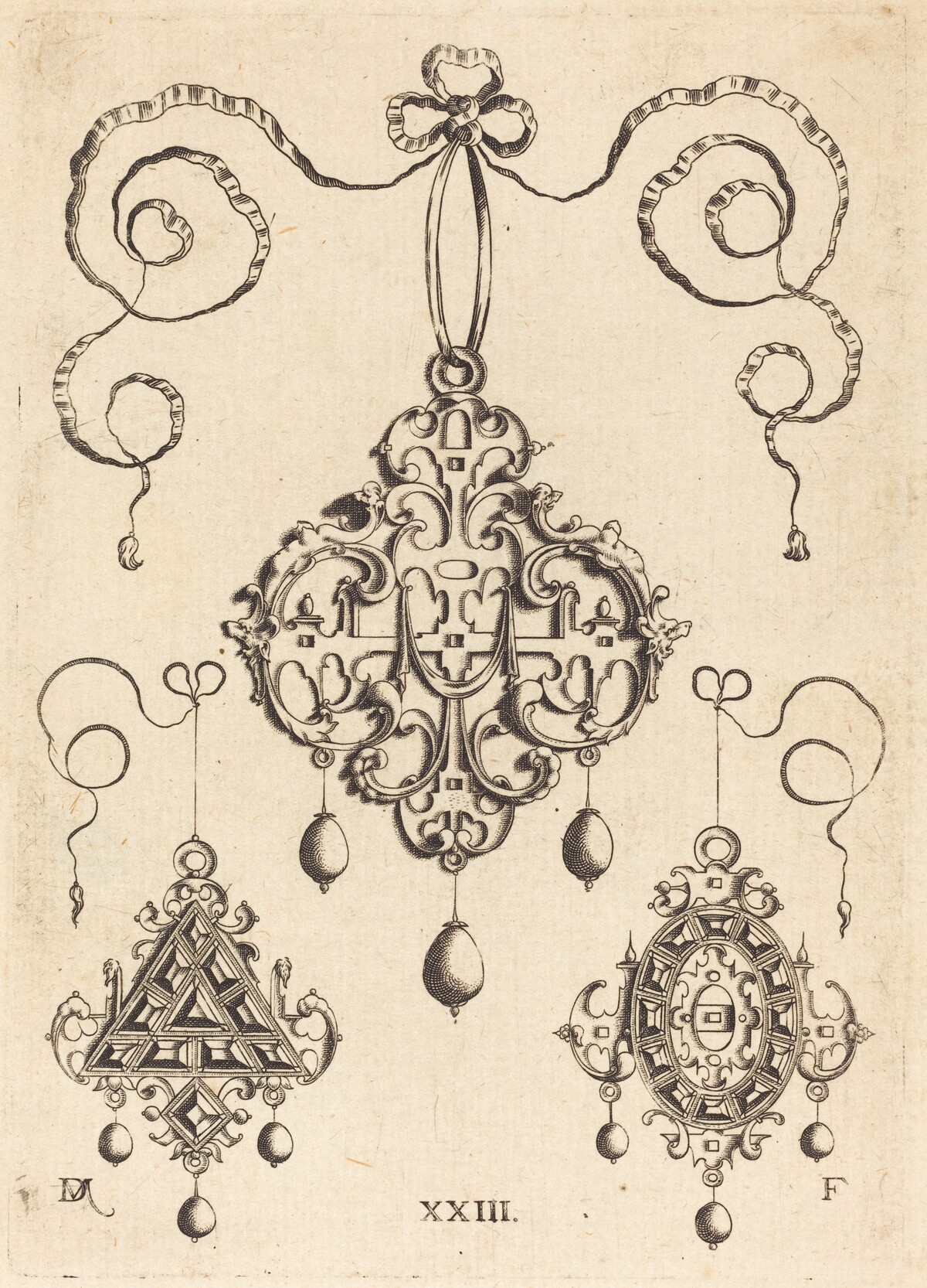 Three Strapwork Pendants, The Lower Ones Triangular and Oval by Daniel Mignot