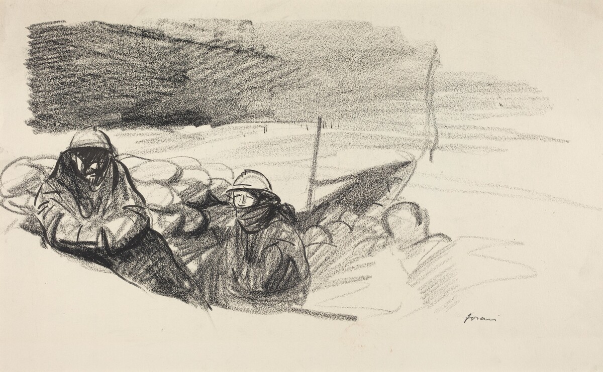 a) Two Soldiers in a Trench (recto); b) Interior with Figures Seated Behind Table (verso) by Jean-Louis Forain