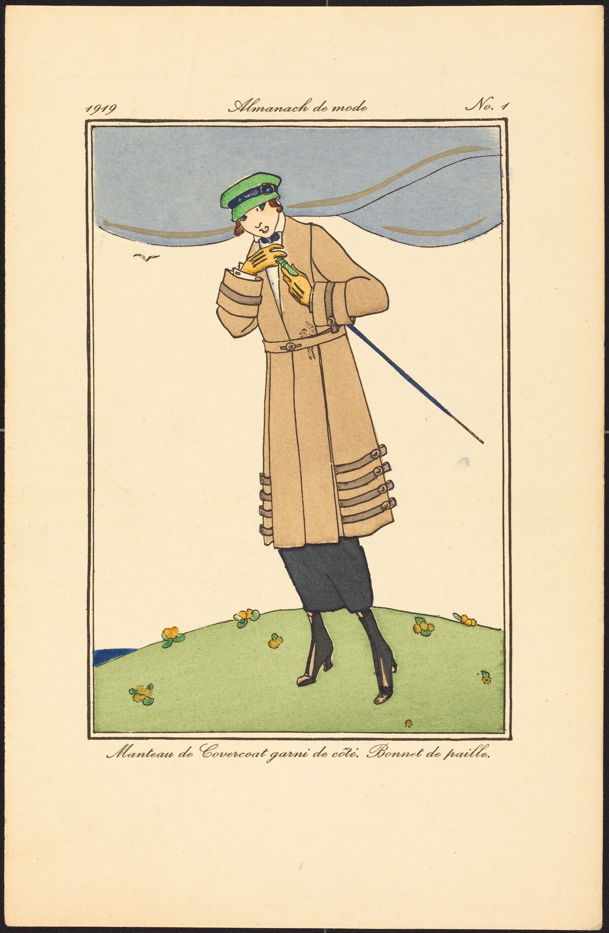Manteau de Covercoat garni de côté. Bonnet de paille. by French 20th Century