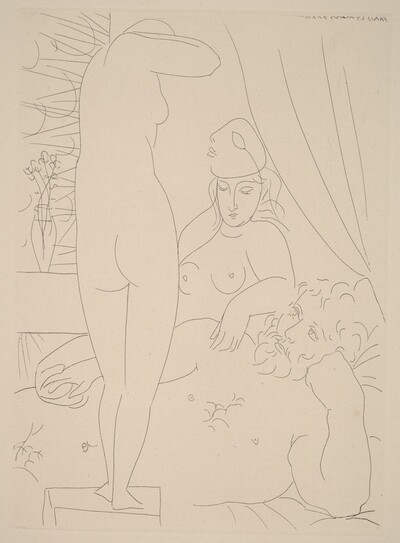 Sculptor Reclining with an Unmasked Model and Her Sculpted Representation (Sculpteur au repos avec modèle démasqué et sa représentation sculptée)