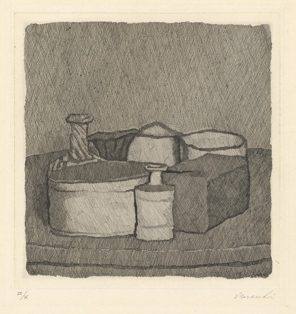Still Life with Four Objects and Three Bottles by Giorgio Morandi