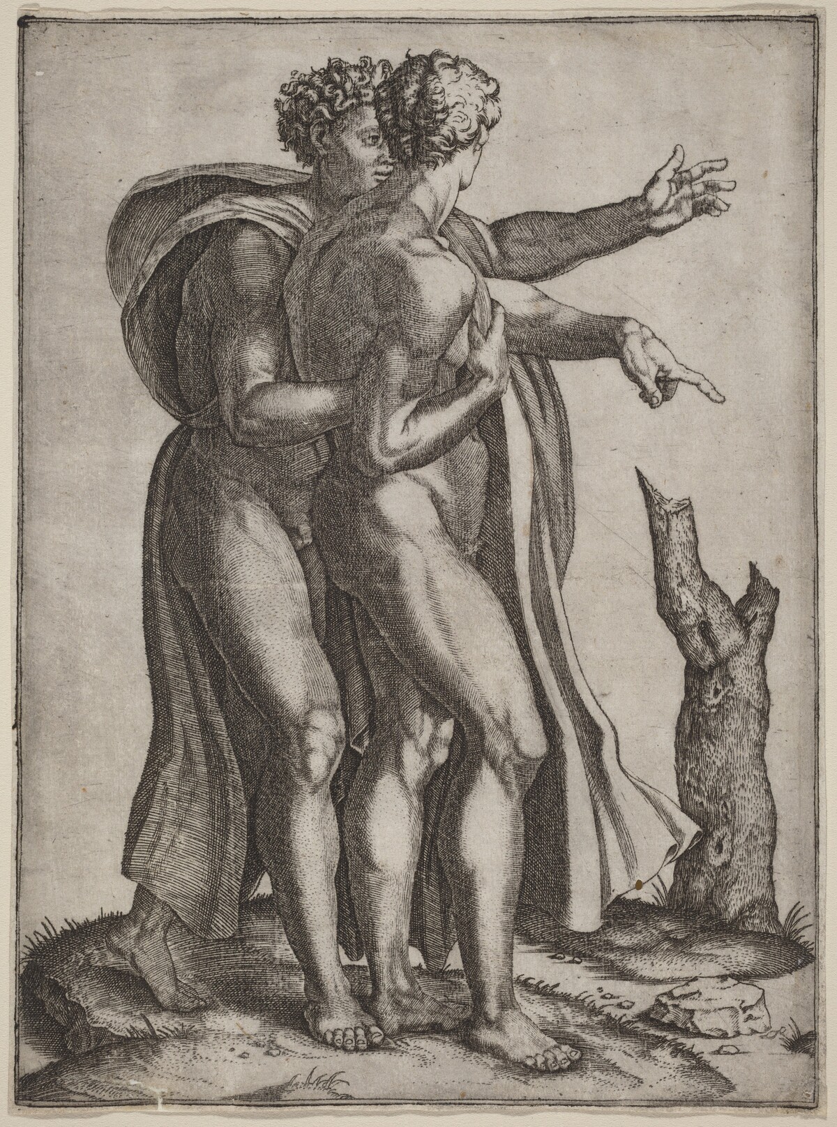 Two Nude Men by Marcantonio Raimondi after Michelangelo