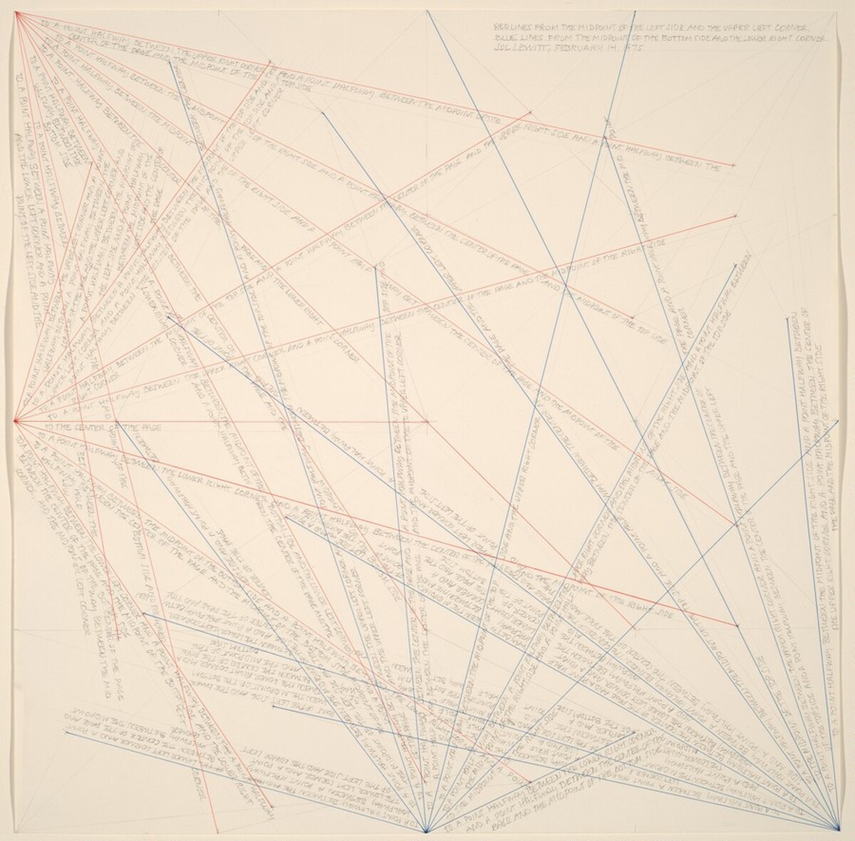 Red Lines from Midpoint of the Left Side and the Upper Left Corner, Blue Lines from the Midpoint of the Bottom Side and the Lower Right Corner by Sol LeWitt