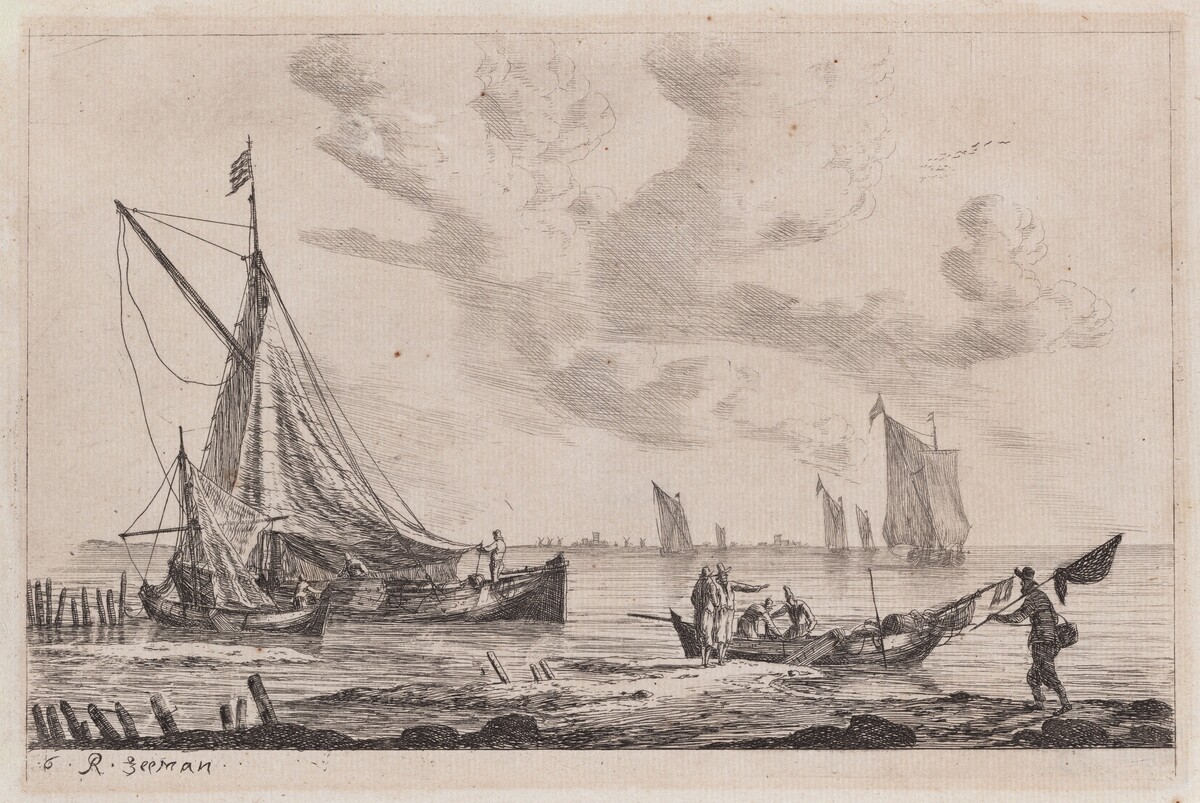Shore of Inland Waterway with a Ketch, Two Smaller Boats, and Fisherman by Reinier Nooms, called Zeeman