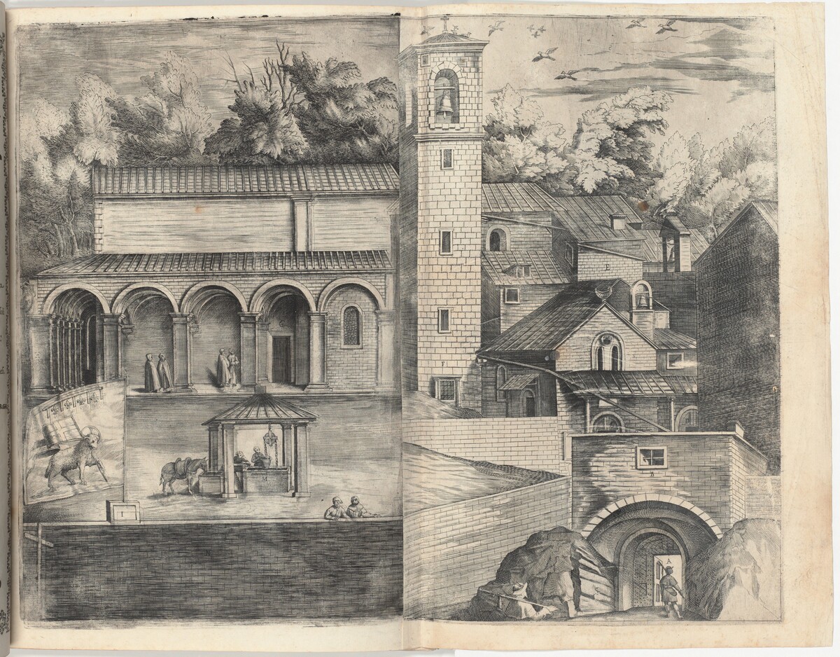 View of the Quadrant: the Main Door, the Square, the Church and the Loggia of the Monastery of the Monte della Vernia (Prospettiva dell'ingresso della prima porta, con la Piazza, Chiesa, & Loggie del Monastero del Monte della Vernia, come sta quest'Anno MDCXII) [plate D] by Jacopo Ligozzi (artist), Anonymous engraver possibly Domenico Falcini, Lino Moroni (author)