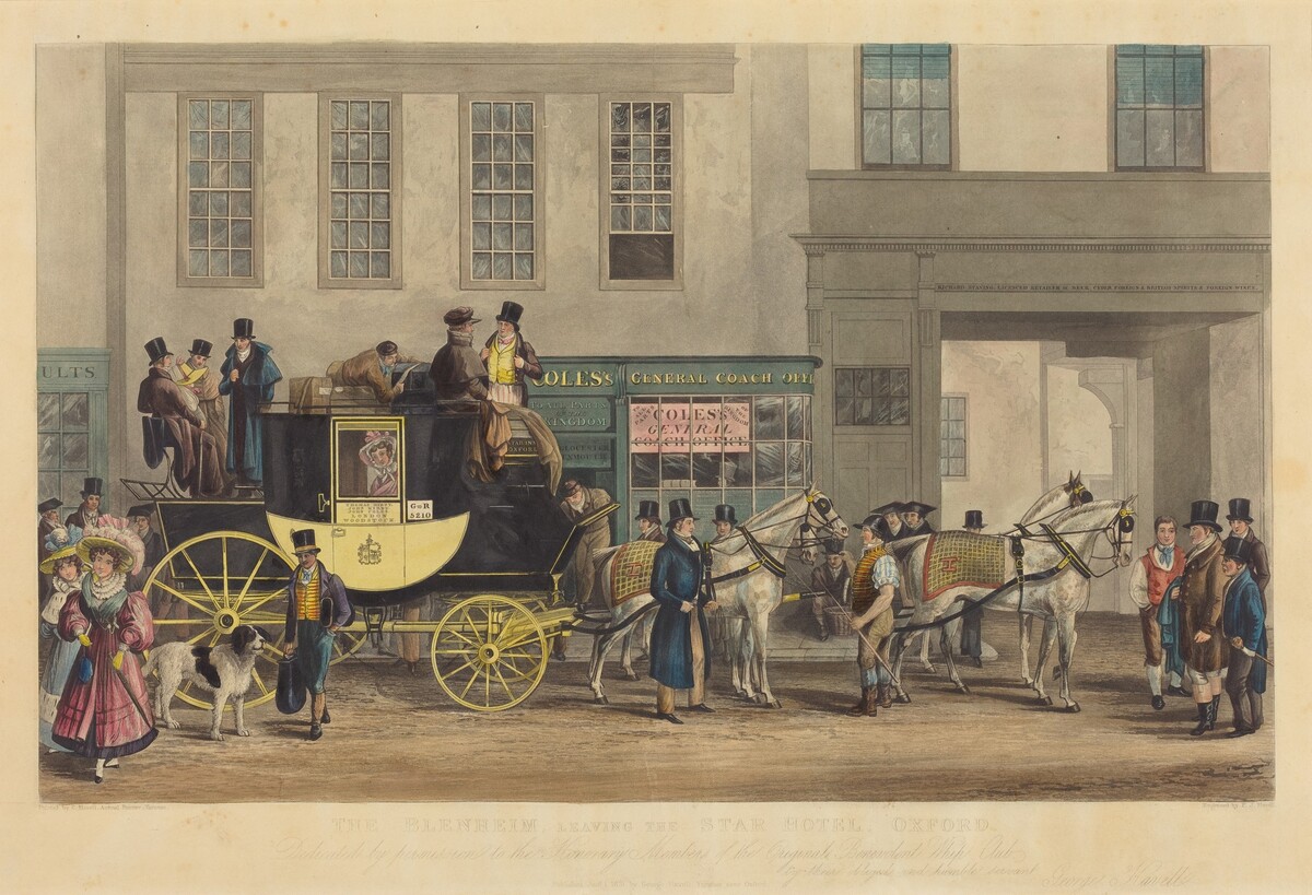 The Blenheim, Leaving the Star Hotel, Oxford by Frederick James Havell after George Havell