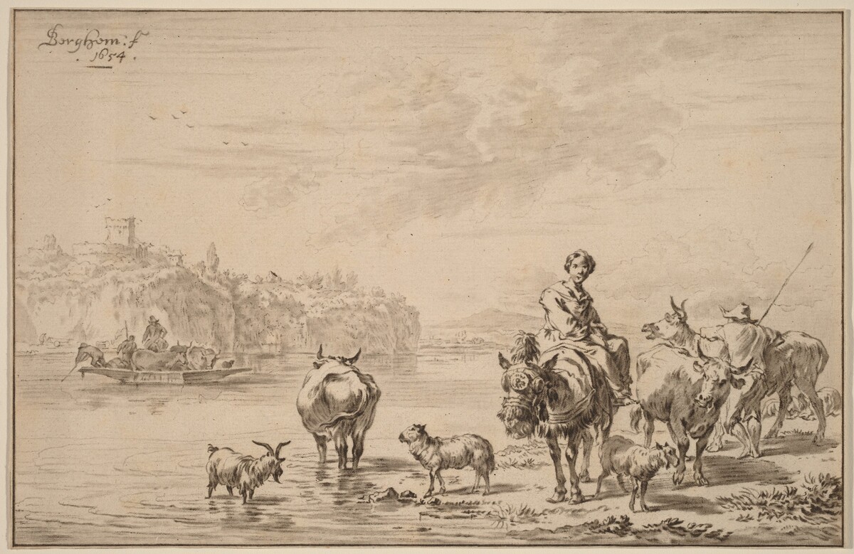Woman Seated on a Mule by Cornelis Ploos van Amstel (editor) and Johannes Kornlein (printmaker), after Nicolaes Pietersz Berchem