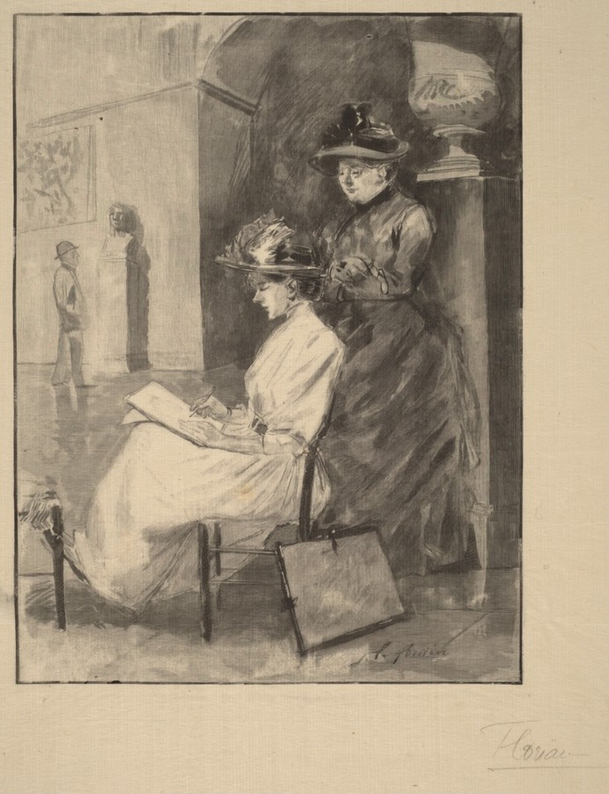 Woman Sketching at a Museum by Frédéric Florian after Jean-Louis Forain