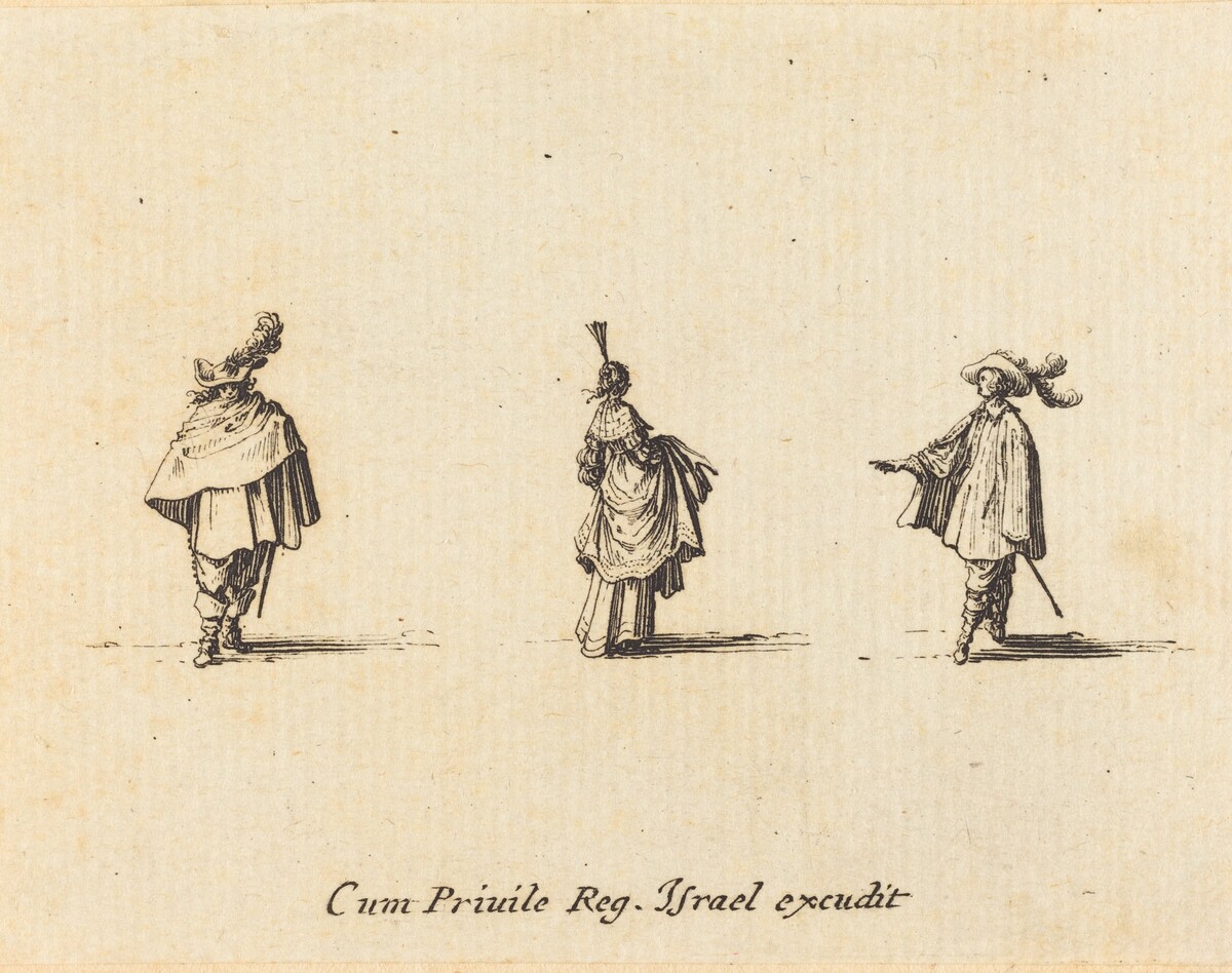 Lady with Dress Gathered Up, and Two Gentlemen by Jacques Callot