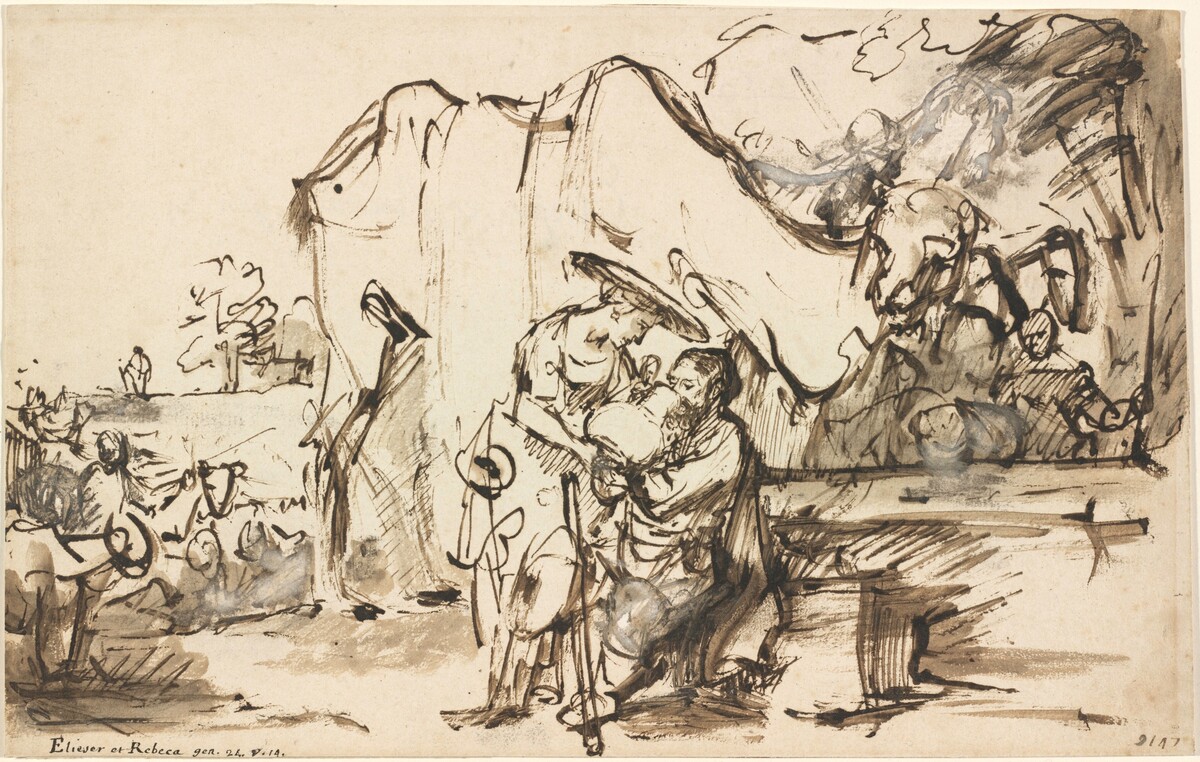 Eliezer and Rebecca at the Well by workshop of Rembrandt van Rijn (Carel Fabritius?)