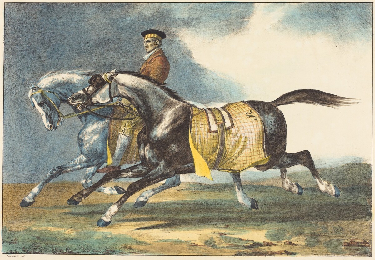 Two Dapple-Gray Horses Exercising (Deux chevaux gris pommele que l'on promene) by Théodore Gericault and Léon Cogniet