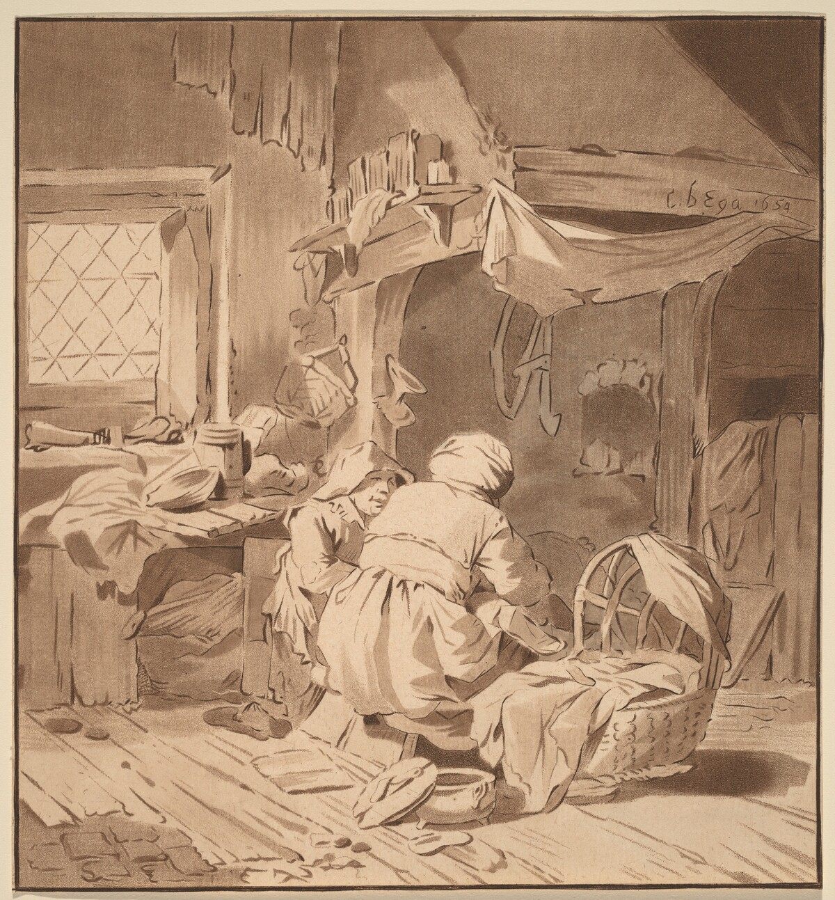 Interior of a Peasant House with Two Women by Cornelis Ploos van Amstel (editor) and Bernhard Schreuder (printmaker), after Cornelis Bega