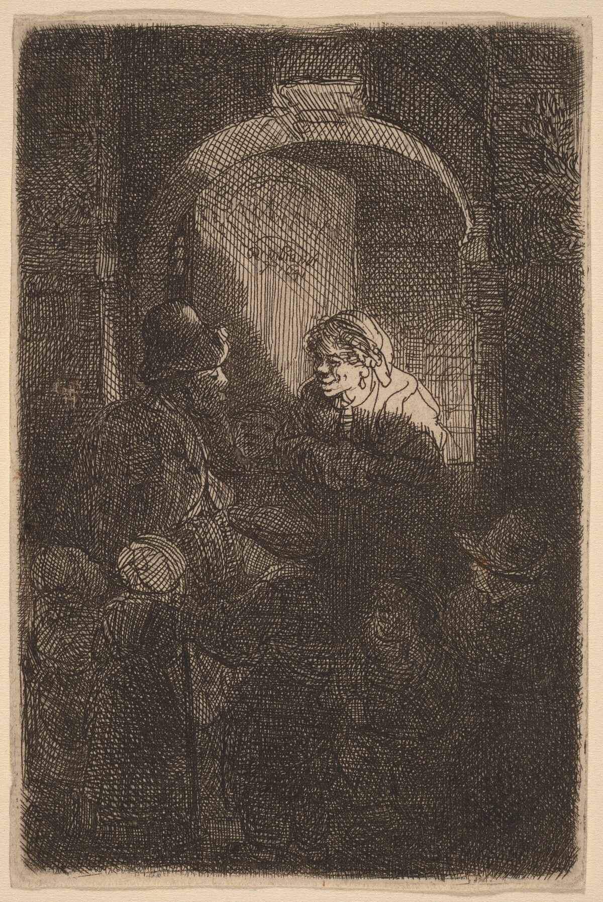 Woman at a Door Hatch Talking to a Man and Children (The Schoolmaster) by Rembrandt van Rijn