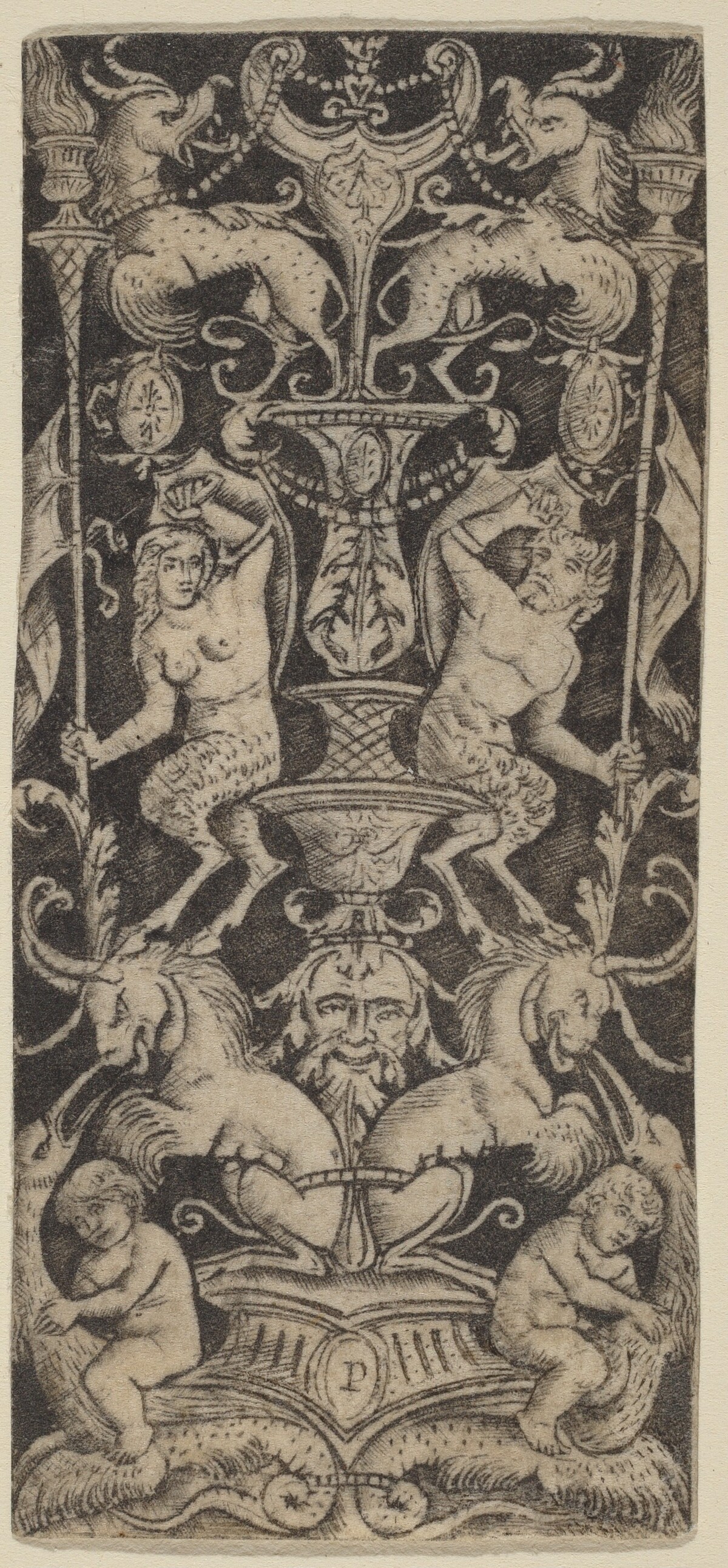 Panel of Ornament with Two Naked Children on Monstrous Beasts by Peregrino da Cesena