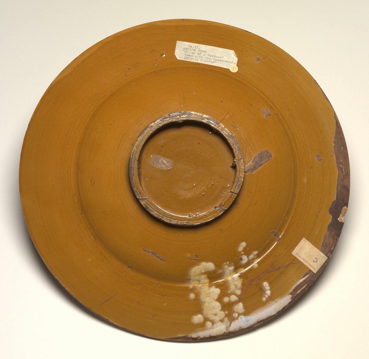 Large dish with segmental border of plant sprays and scale pattern; in the center, an emblematic female figure holding a crowned toad and cornucopia by Deruta 16th Century