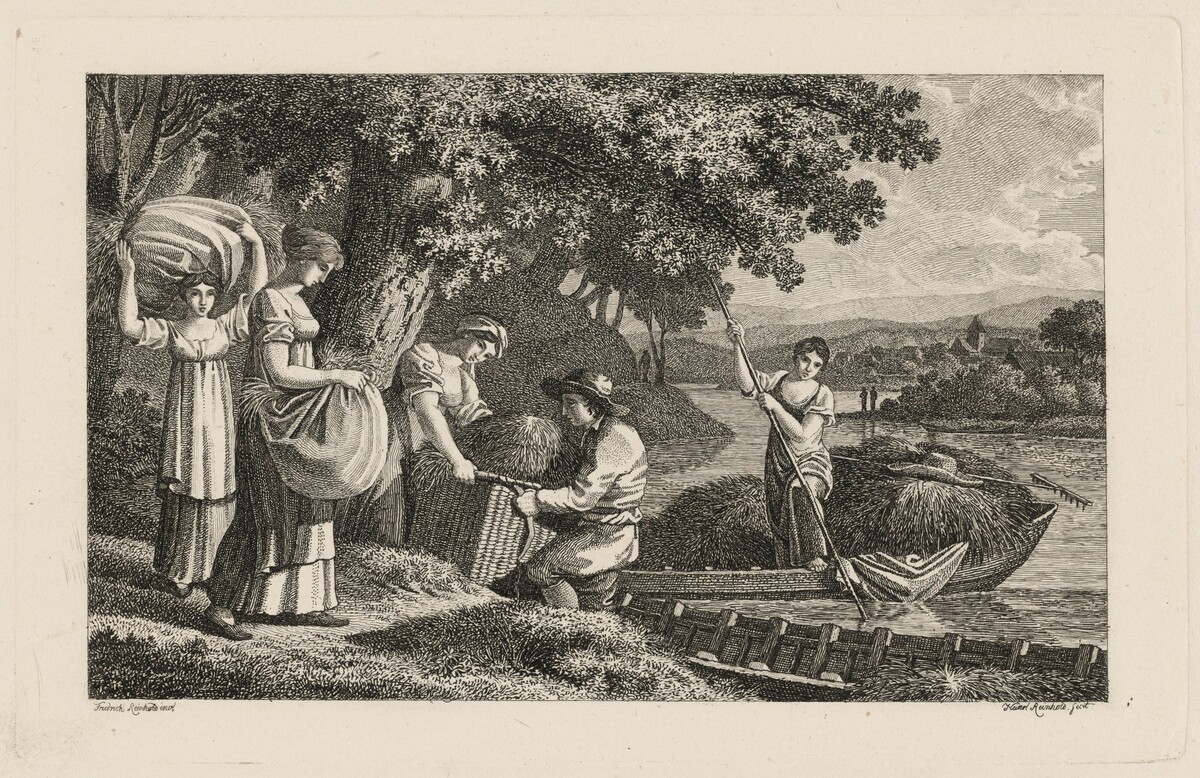 A Group of Peasants Loading Hay onto Boats by Heinrich Carl Reinhold, after Friedrich Philipp Reinhold