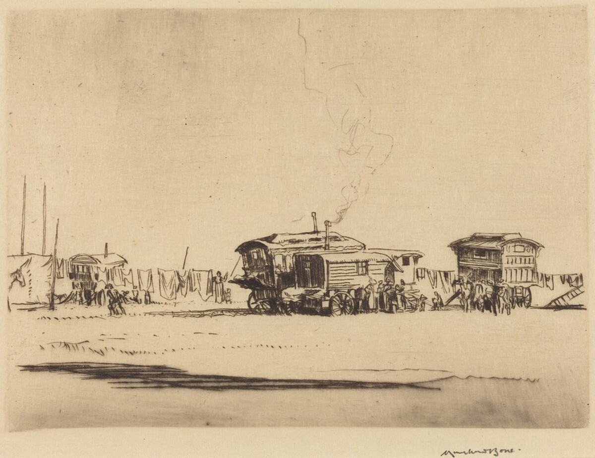 Gypsy Vans, Petersfield Fair, Hampshire by Sir Muirhead Bone