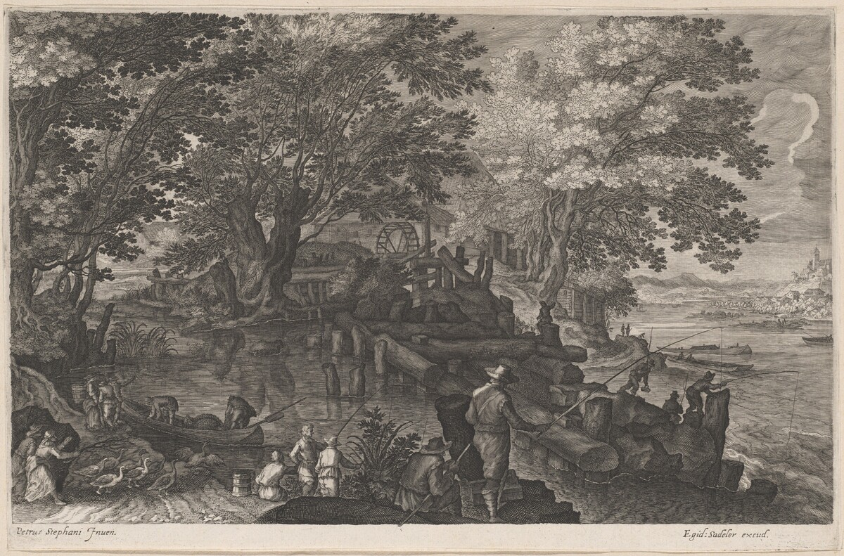 Fishermen by an Island Watermill by Aegidius Sadeler II after Pieter Stevens