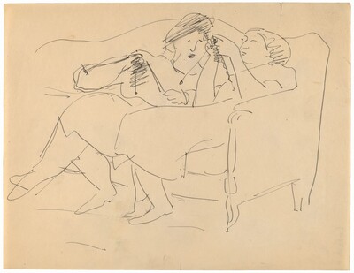 Two Women Leaning Back in Sofa, Knitting