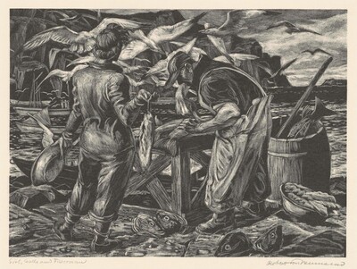Girl, Gulls, and Fisherman