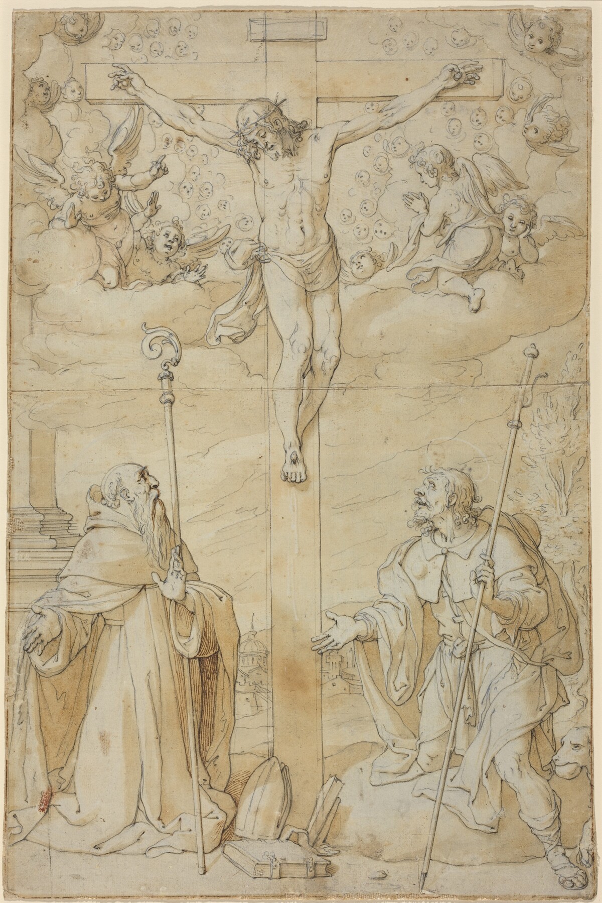 The Crucifixion with Saints Roch and Augustine by Filippo Bellini