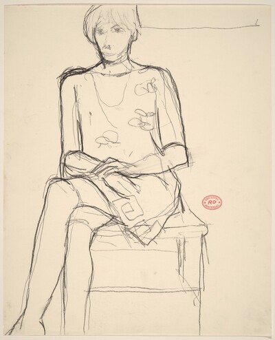 Untitled [seated woman in a patterned dress]
