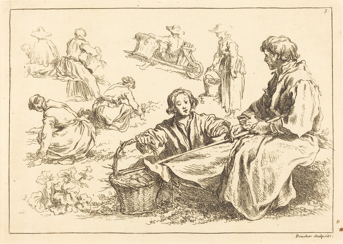 Figure Studies including Two Seated Peasants by François Boucher after Abraham Bloemaert
