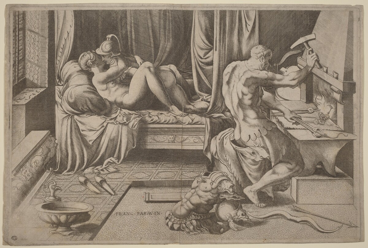 Venus and Mars Embracing with Vulcan at his Forge by Enea Vico after Parmigianino
