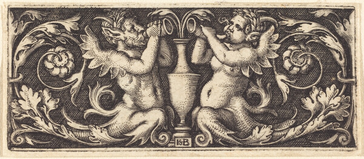 Ornament with a Couple of Tritons Blowing Horns by Sebald Beham, after Barthel Beham