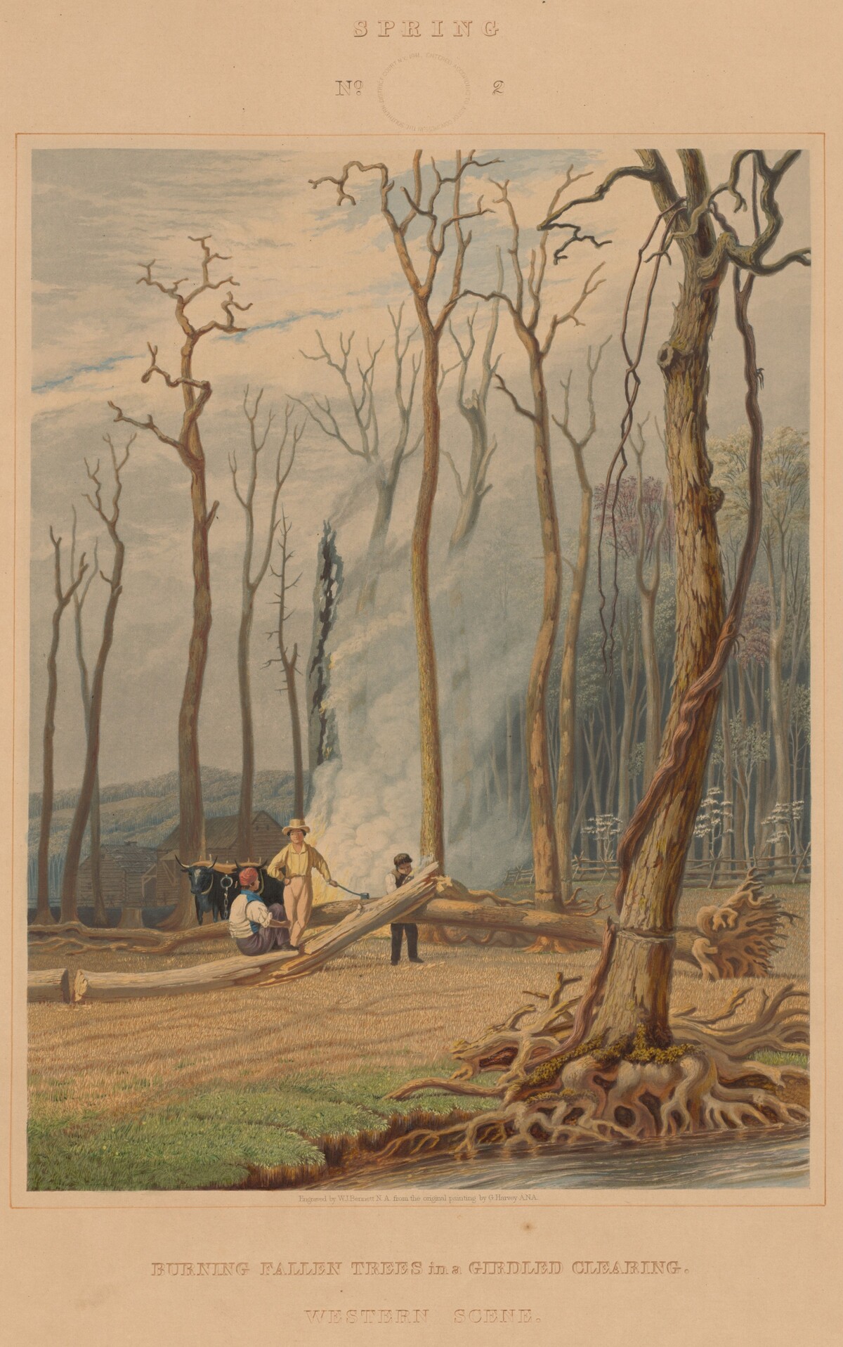 Spring--Burning Fallen Trees in a Girdled Clearing. Western Scene by William James Bennett after George Harvey