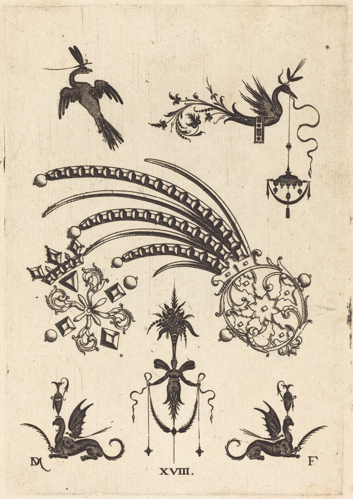 Two Brooches with Bird and Winged Snake at Top and Griffins with Vases at Bottom by Daniel Mignot
