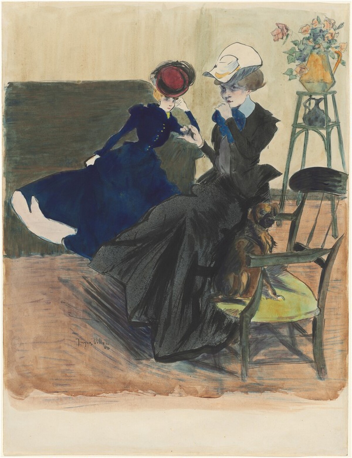 Two Elegant Ladies, One Lighting a Cigarette by Jacques Villon