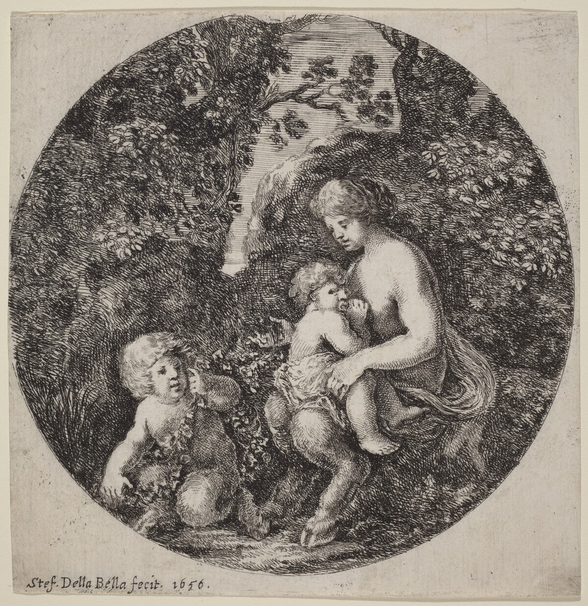 Female Satyr Nursing a Child in a Wooded Landscape by Stefano Della Bella