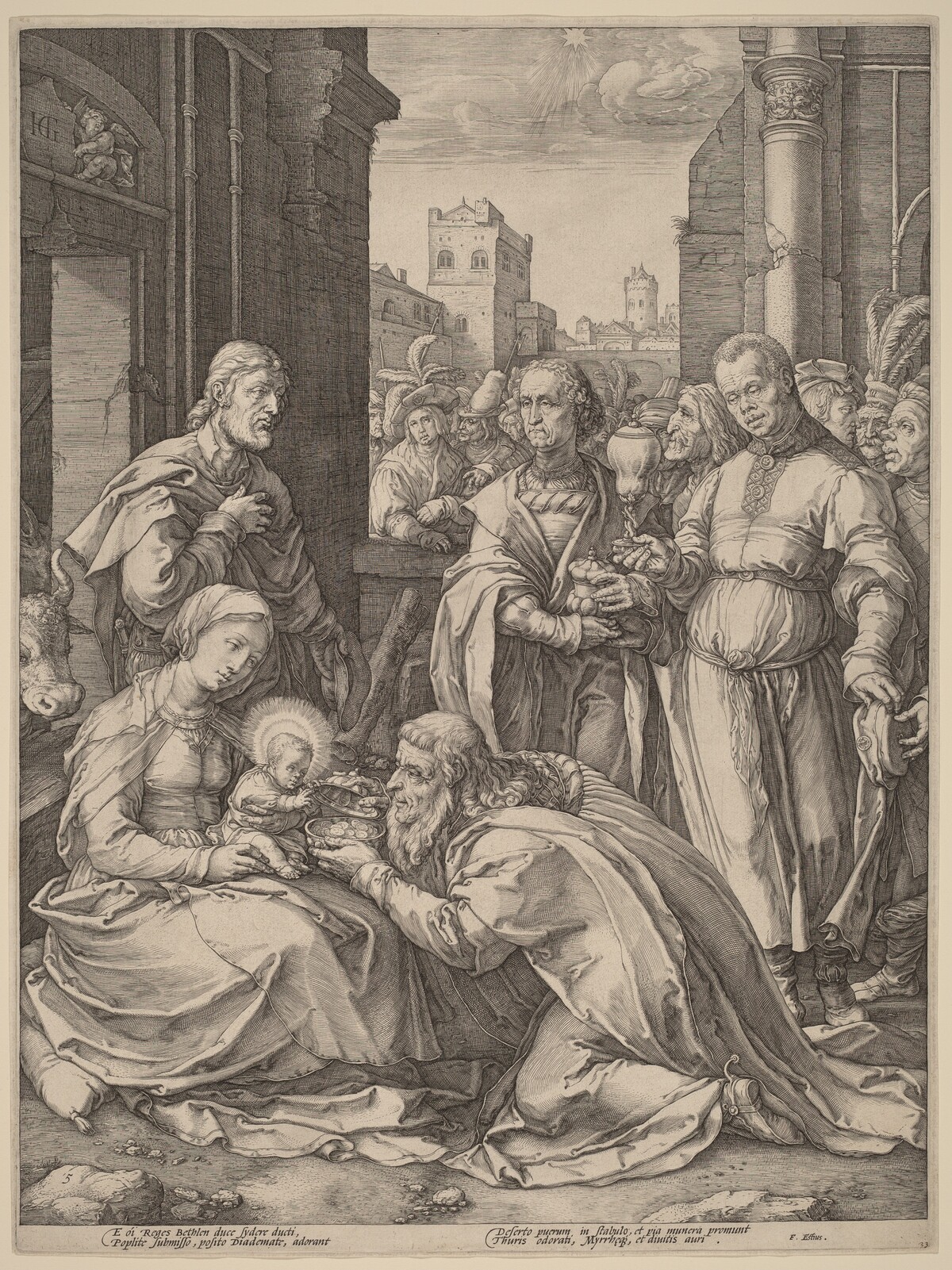 The  Adoration of the Magi by Hendrik Goltzius in the style of Lucas van Leyden
