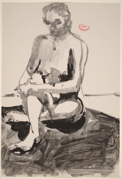 Untitled [seated female nude holding right leg]
