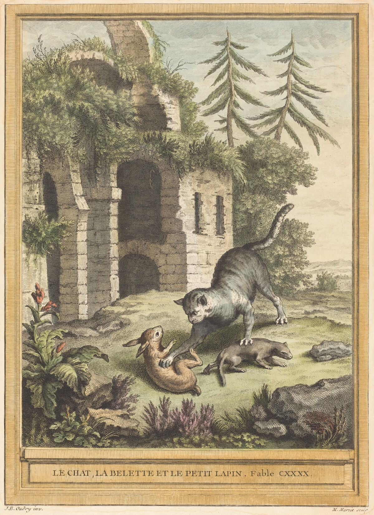 Le chat, la balette et le petit lapin (The Cat, the Weasel, and the Rabbit) by Martin Marvie after Jean-Baptiste Oudry