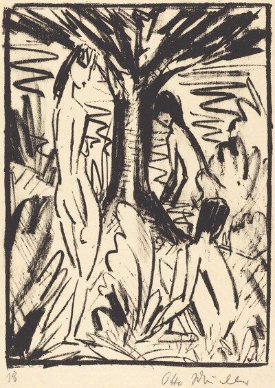 Standing, Sitting, and Bathing Girls near a Tree (Stehende, sitzendes und badendes Madchen am Baum)