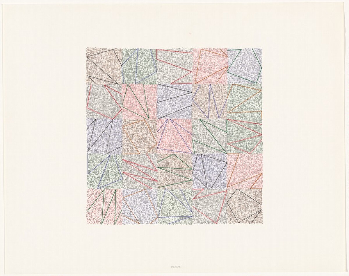 25 Angled 1's on a 5 color 5 x 5 grid by Patrick Ireland, 1972 - 2008