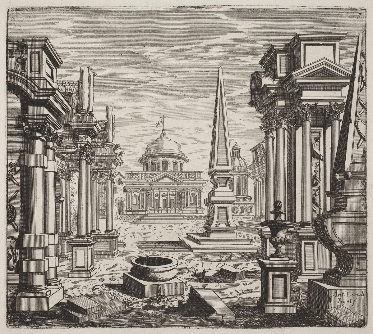Architectural Fantasy with Obelisks, Ruins, and a Piazza by Giuseppe Antonio Landi