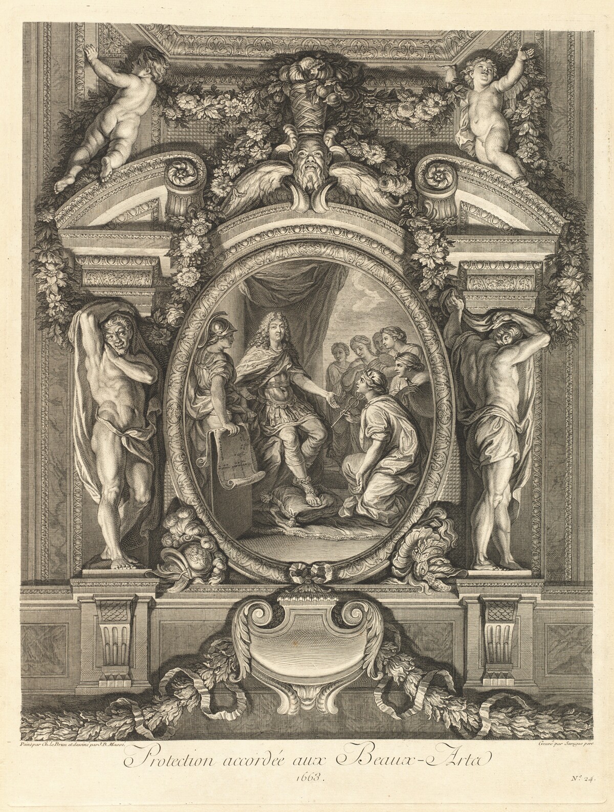 Protection accordée aux beaux-arts 1663 (Protection Granted to the Fine Arts 1663) [pl. 24] by Jean-Baptiste Massé (designer) and Louis de Surugue de Surgis (engraver) after Charles Le Brun
