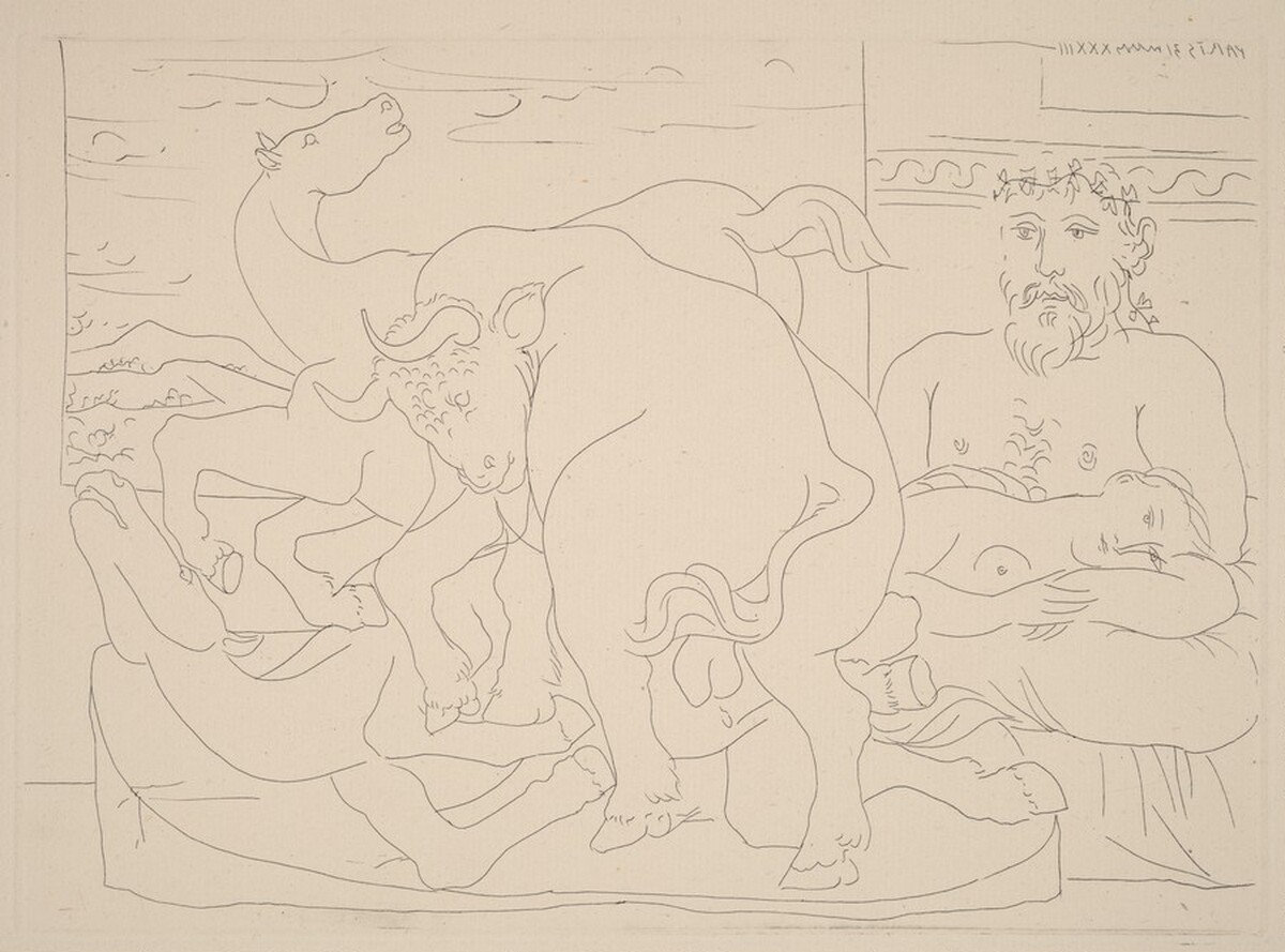 Sculptor and Model with a Sculpture Representing a Bull Attacking Horses (Sculpteur et son modèle avec un groupe sculpté représentant un taureau attaquant des chevaux) by Pablo Picasso