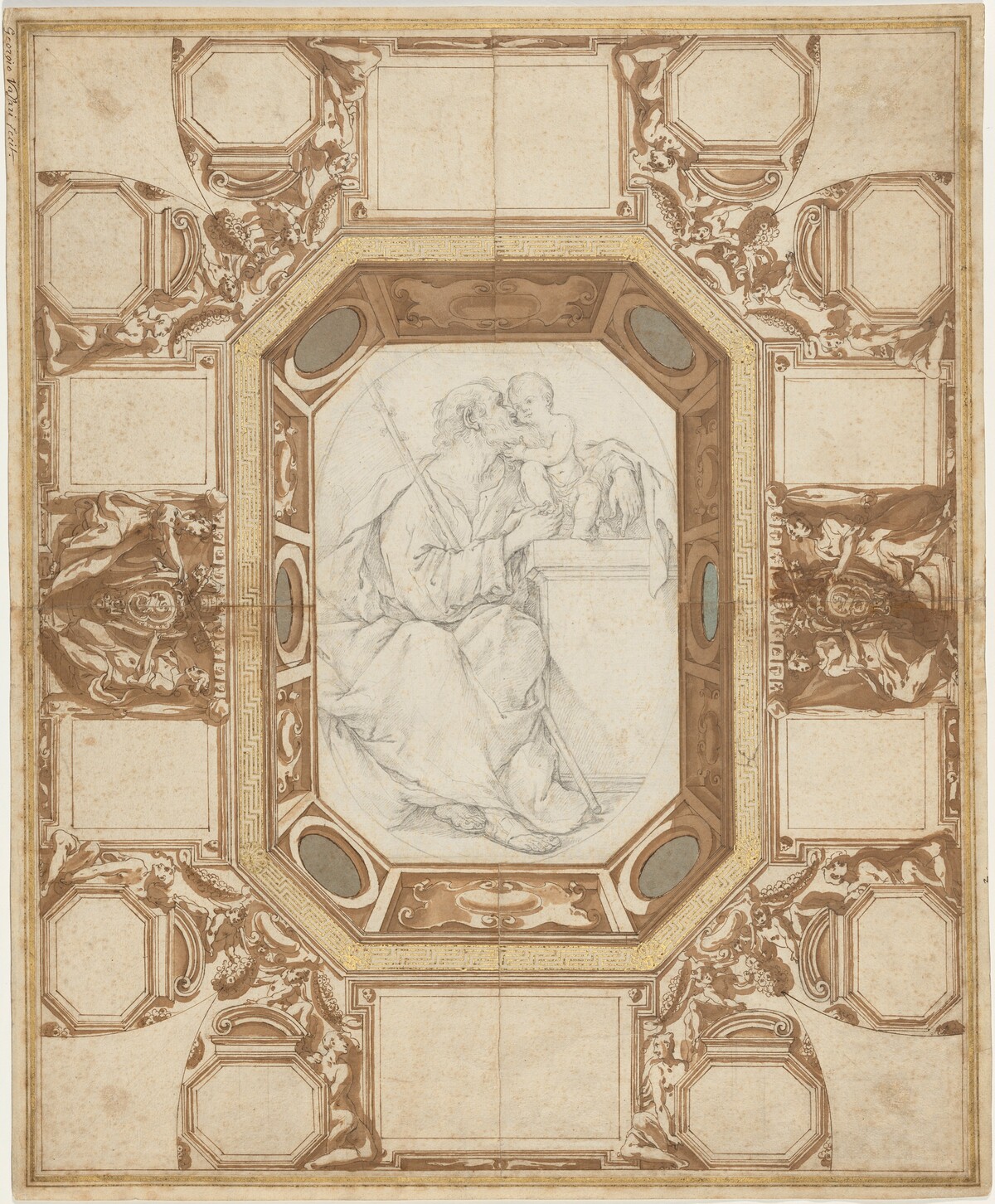 Ceiling with Allegorical Figures and the Arms of Pope Sixtus V (Guerra's outer drawing); Saint Joseph and the Christ Child (Viani's central drawing) by Giovanni Guerra and Domenico Maria Viani