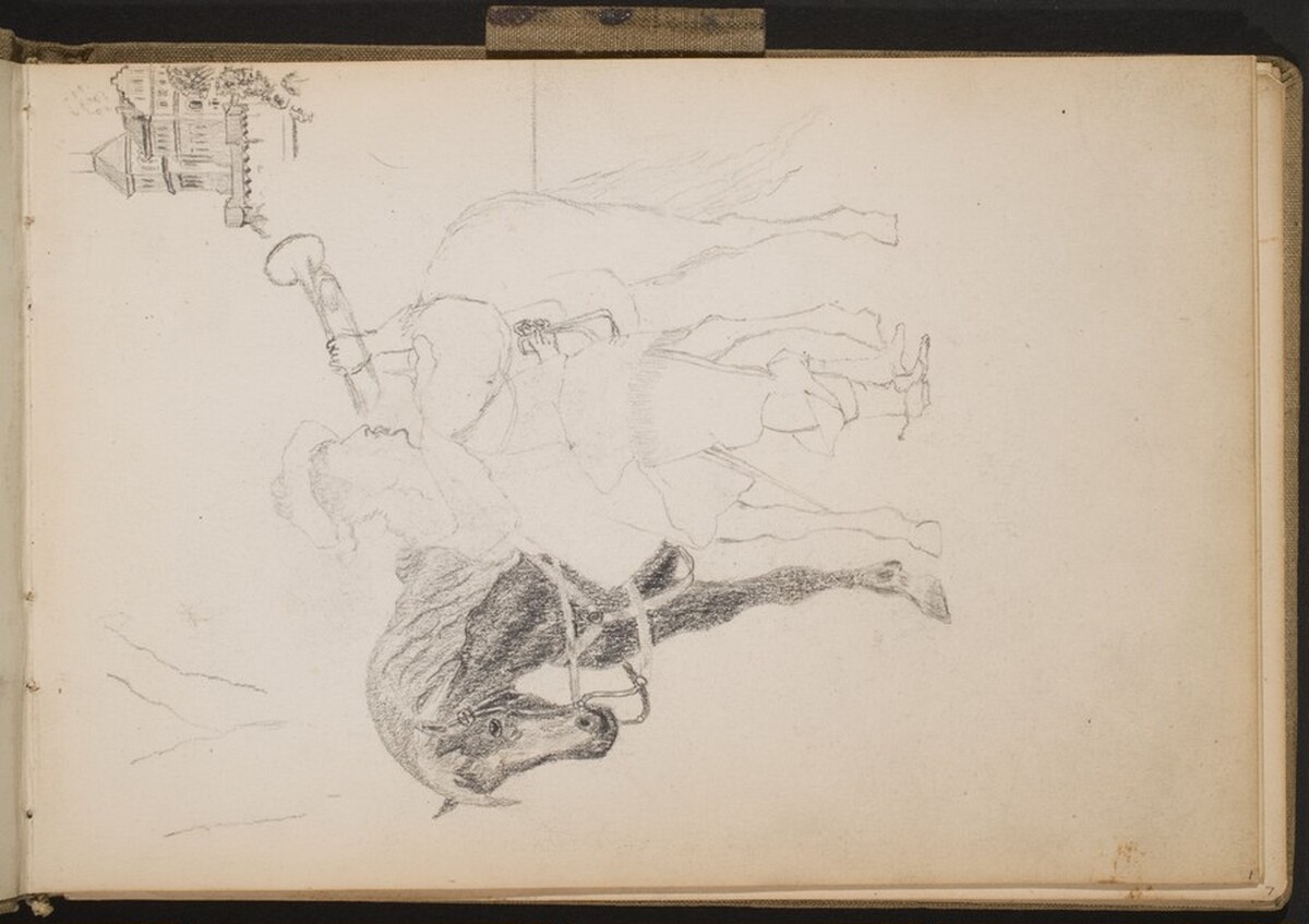 Mittelalterlich gekleideter Mann, Trompete blasend mit Pferd (Medieval Trumpeter by His Horse) [p. 1] by Max Beckmann