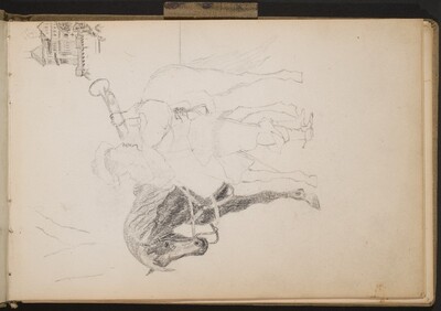 Mittelalterlich gekleideter Mann, Trompete blasend mit Pferd (Medieval Trumpeter by His Horse) [p. 1]